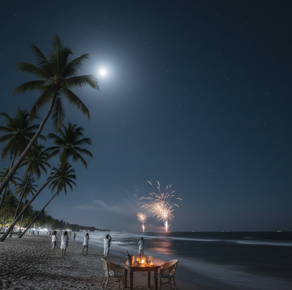 Mesa na praia decorada para o réveillon